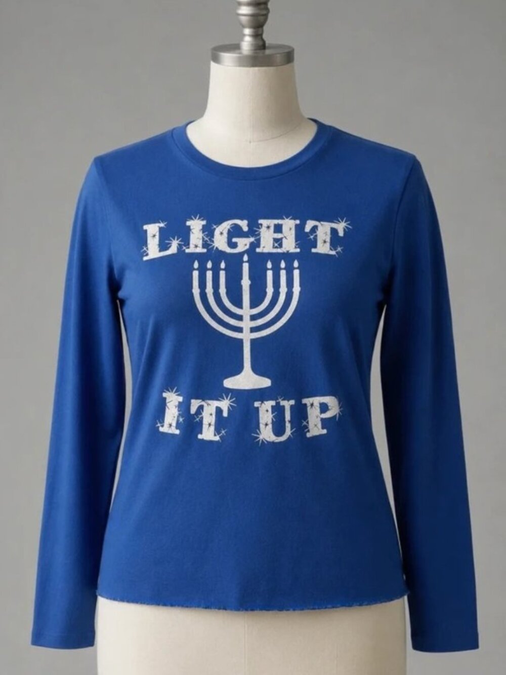 Hanukkah 'Light It Up' Blue Menorah Graphic Long Sleeve Funny Holiday Tee | Sz L